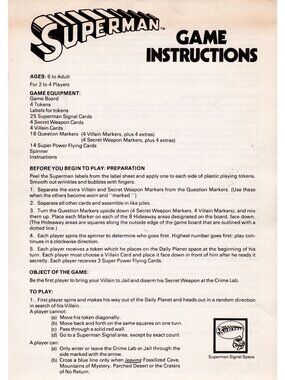 Superman Game Instructions 1978 DC Comics Ideal Toy Double Sided Sheet